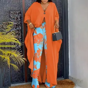 Women’s Printed Two-Piece Set – V-Neck Single-Button Long Top with Side Slit + Wide-Leg Pants, Loose Casual Streetwear Suit