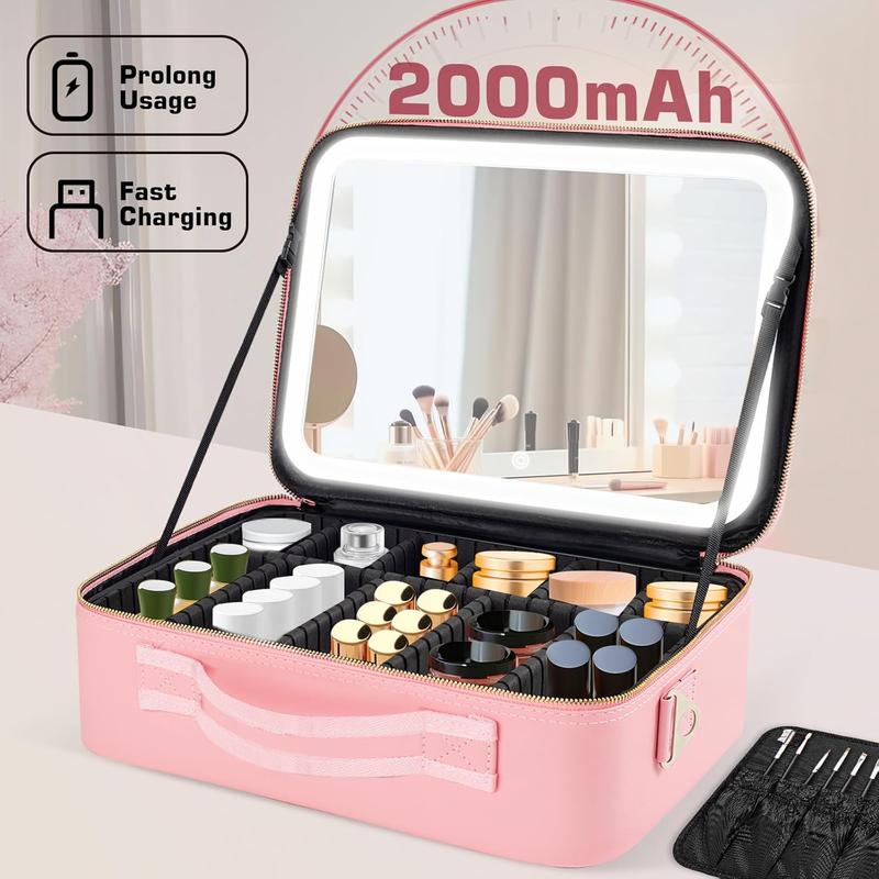 15''X11'' Large Capacity Makeup Bag with LED Mirror, Professional Makeup Case Organizer with 3 Color Light Adjustable Brightness, Travel Make up Cosmetic Case with Detachable Dividers & Shoulder Strapgongsi huizhoushihuangdoukejiyouxiangongsi