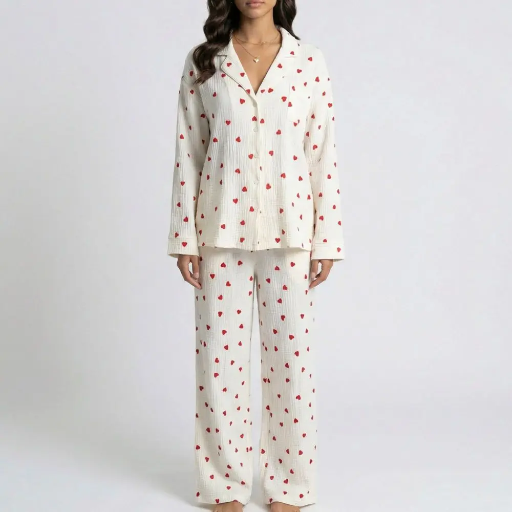 Anna-Kaci Women's Button-Up Heart Print Nightwear Pajama Set - Notched Collar, Shirt Garment, Pocket Apparel, Lounge Small