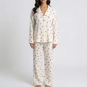 Anna-Kaci Lounge Women's Button-Up Valentine Pajama Set with Heart Print and Notched Collar - Small,