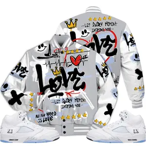 Retro White Metallic 5s Outfits Varsity Jacket, Happy Love Beats Graffiti Sneaker Matching Shirt