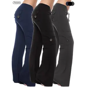 3pcs Women's High Waist Work Pants - Plus Size, Wide Leg, 4 Pockets, Elastic Waist, Convenient For Outdoor Activities