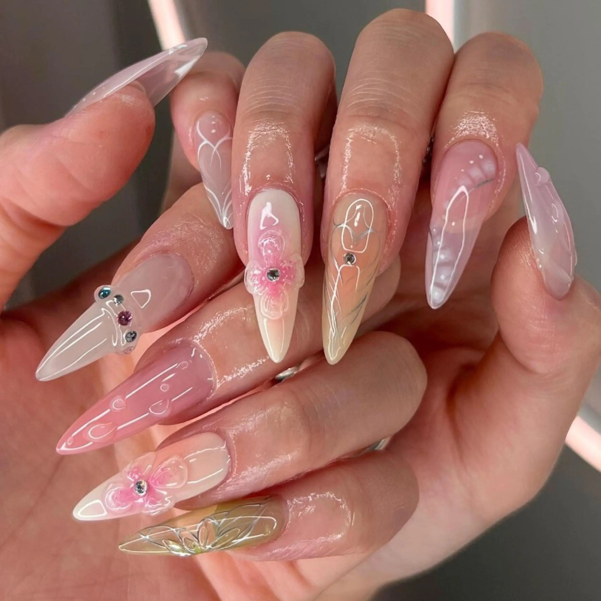 3D Pastel Flower Press On Nails – Hand Painted Pink Floral Nail Set, Custom Gel Nails with Charms, Handmade Acrylic False Nails, Cute Spring Coquette Nails