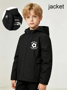 Boys' Hooded Long Sleeve Casual Jacket, Creative Football Letter Print, Simple Fashion, Perfect for Daily Wear and Outdoor Activities