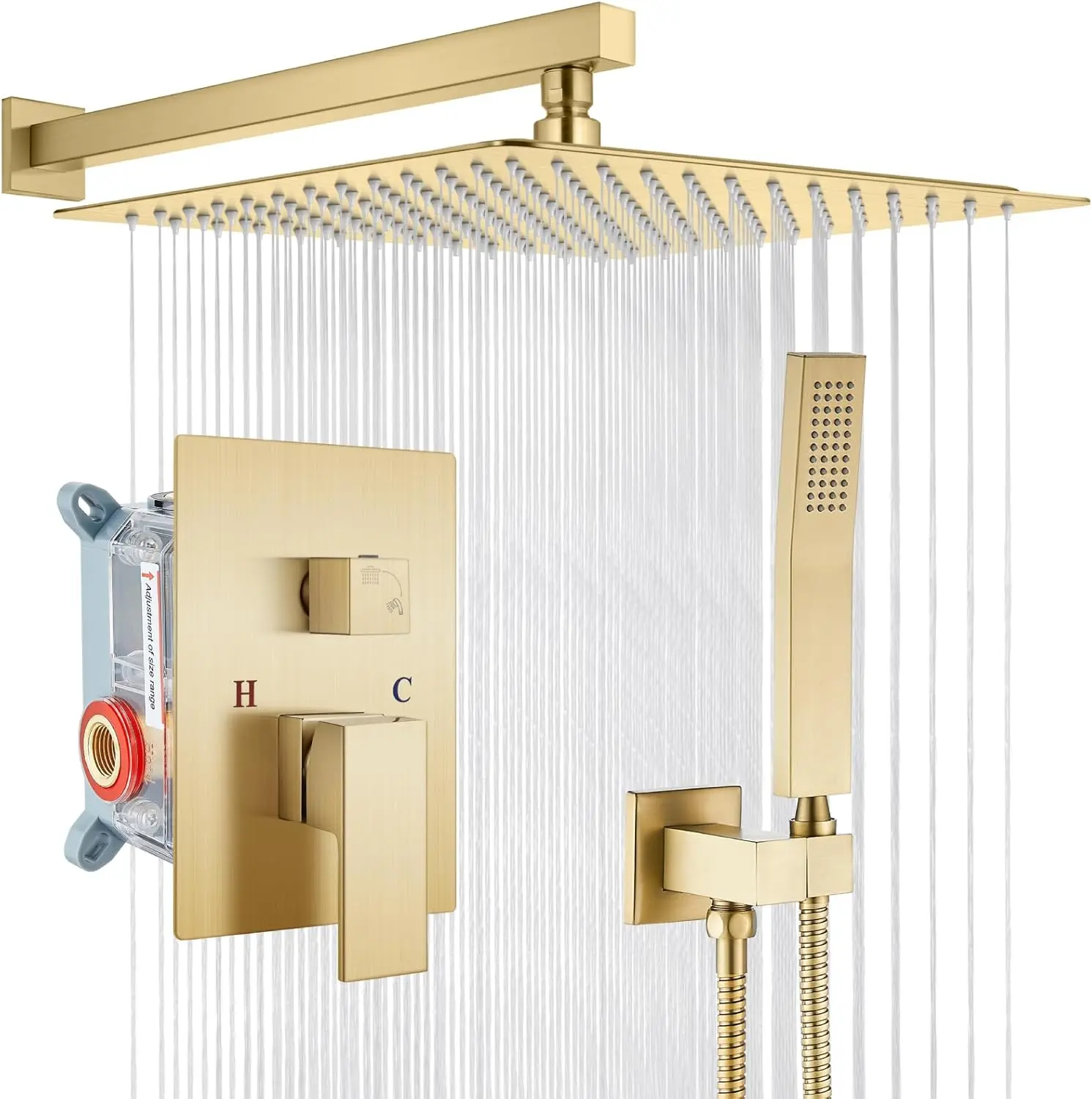 Rainfall Bathroom Shower System Rain Shower Head and Handle Set Wall Mounted Shower Complete Combo Solid Brass Pressure Balancing Shower Mixer Valve 16 Inch Brushed Gold