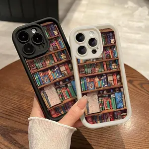 Cartoon Bookshelf Pattern TPU Phone Case for iPhone 16 15 14 Pro Max 13 12 Shockproof Non Slip Military-Grade Protective Silicone Cover CL0A9