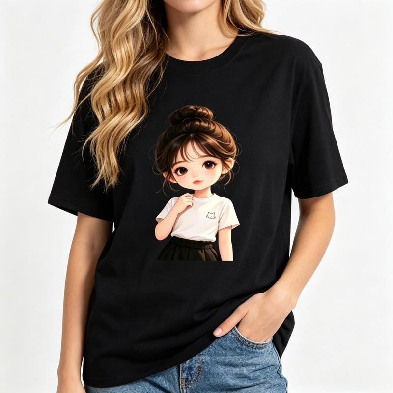 Women's Pure Cotton Graphic Tee - Breathable Crew Neck, Fitted Cut, Cute Messy Bun Print, Short Sleeve, Trendy Kawaii Streetwear Summer Casual Top