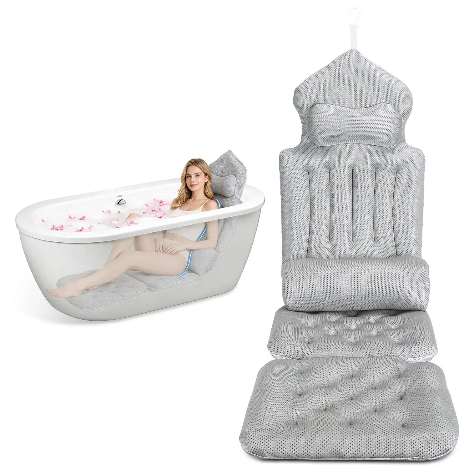 Full Body Bath Pillow with Headrest Lumbar Support Quick-Drying Bathtub Cushion with Breathable 4D Honeycomb Mesh Cushion Nonslip Machine Washable