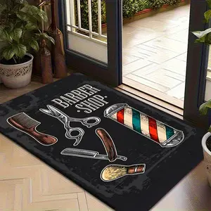 Vintage Barbershop Floor Mat, Retro Scissors & Barber Pole Non-Slip Doormat, Decorative Carpet for Hair Salon Shop Decor, 1PC