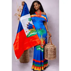Women’s Haitian Flag Inspired Off-Shoulder Maxi Dress – Cultural Elegant Long Dress