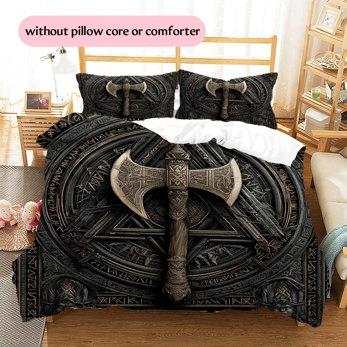 Dark Viking Rune Style Axe  Printed bedding set, duvet cover and pillowcases, home decor, Christmas decoration, bedroom duvet cover, Christmas gift, birthday gift (1 * duvet cover + 2 * pil