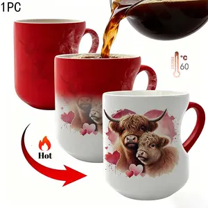 1pc Cute Highland Cow Thermosensitive Ceramic Mug - Magic Color - Changing Mug, Heart - Handle Mug, 11Oz/ 330Ml, Drinkware