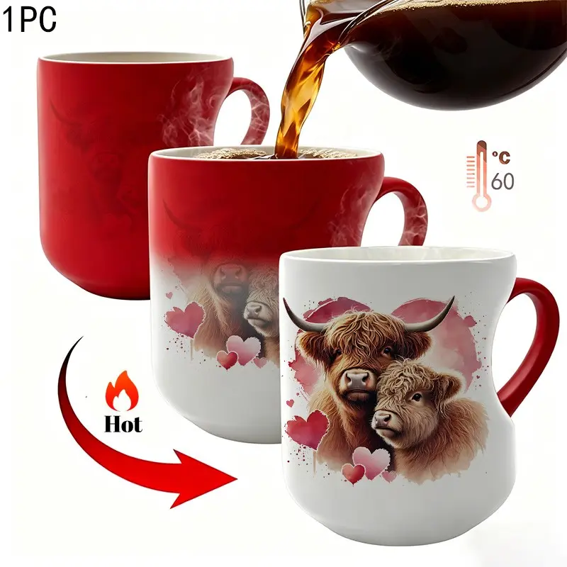 1pc Cute Highland Cow Thermosensitive Ceramic Mug - Magic Color - Changing Mug, Heart - Handle Mug, Ceramic Coffee Cup, 11Oz/ 330Ml, Drinkware