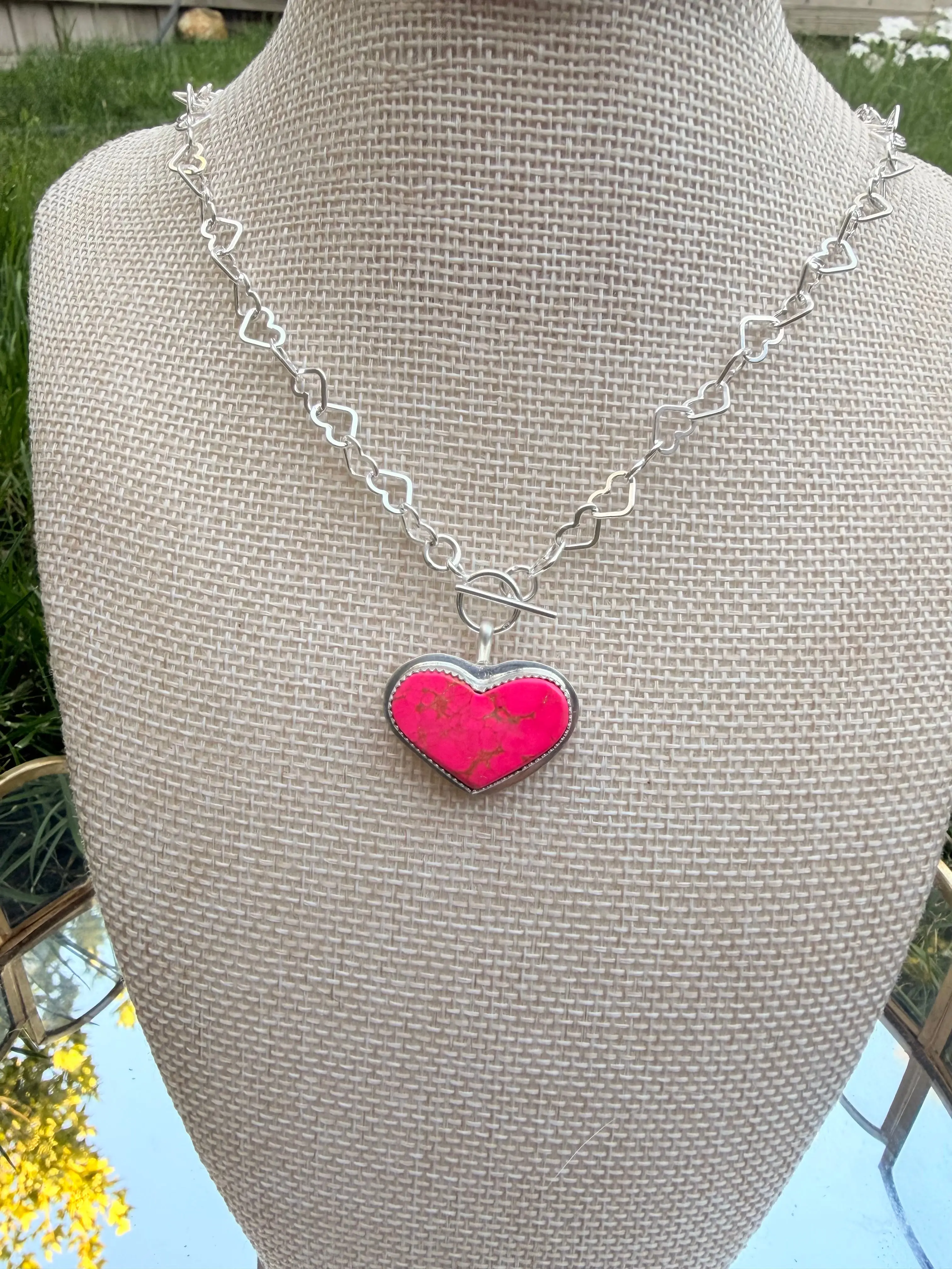 Hot pink Dahlia heart toggle necklace