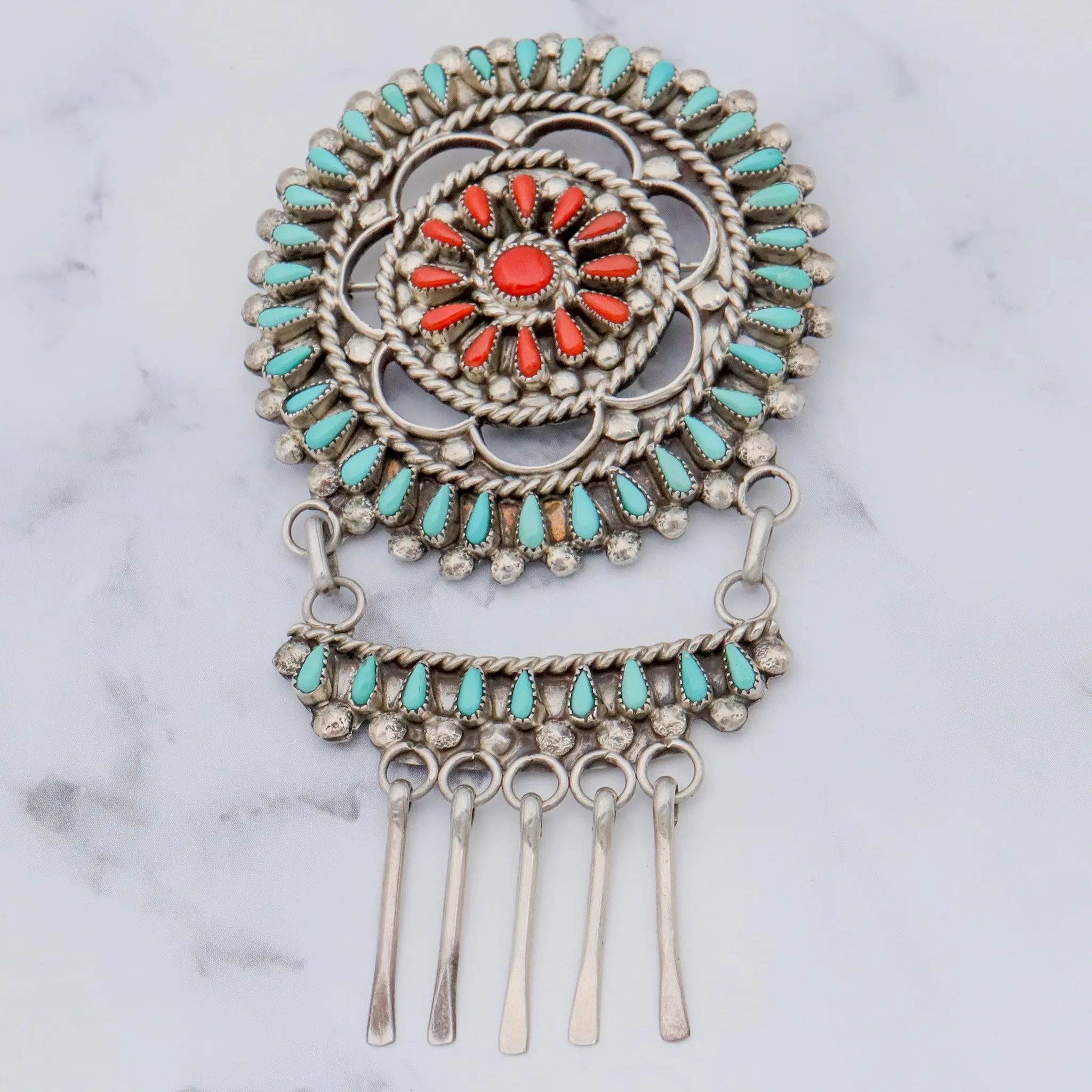 Vintage handmade 1983 sterling petite point turquoise & coral, artist signed pendant/brooch