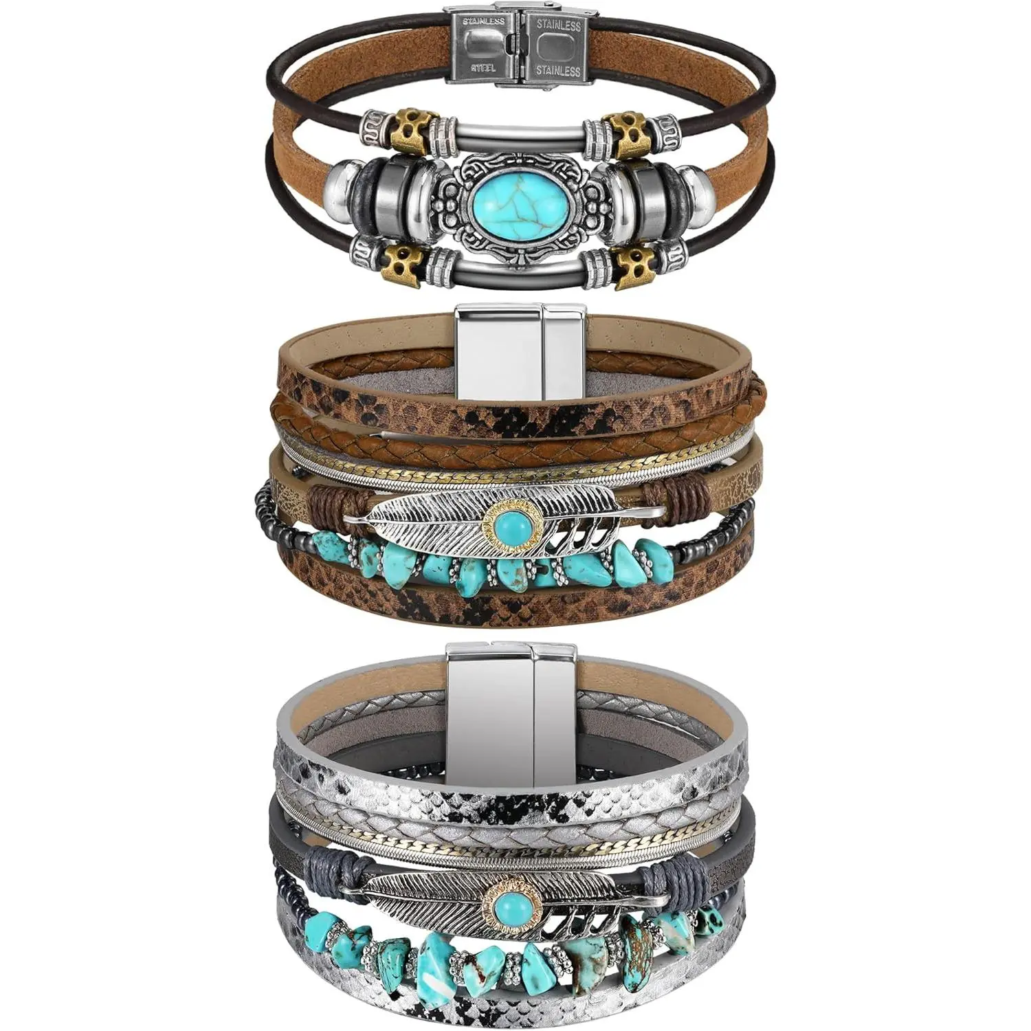 3-Piece Bohemian Cuff Bracelet Set for Women, Western Style Jewelry with Turquoise & Crystal Accents, Adjustable Alloy & Artificial Leather Cuffs, Anniversary Birthday Gift Idea, Birthday Gift Ideas, Three-Pieces