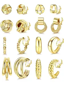 Retro 8 Pairs Golden Trendy Clip on Hoop Earrings Alloy Stud Hoop Ear Clips Earring Set for Women Men Knot-Shaped Hollow Ball Stud Clip on Earrings Non Piercing Chunky Hoop Fake Earrings Ear Studs