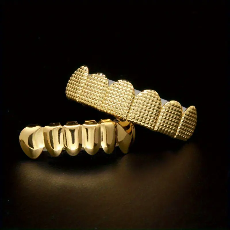 Men's Gold-Plated Copper Dental Grillz Set, Hip Hop Bump Lattice Top & Bottom Costume Body Jewelry for a Dental Fashion Look, Men's Dental Look