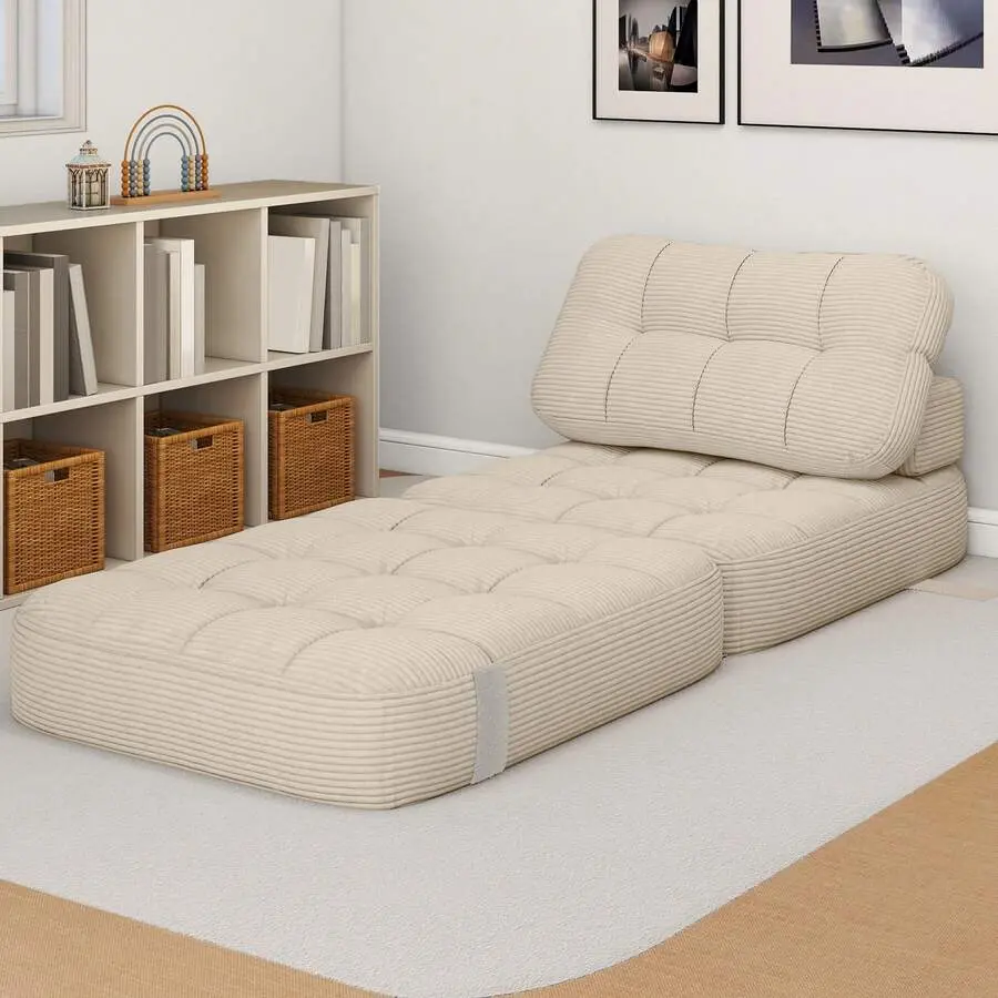 Sturdy Rectangle Compact Fold-Down Futon Set - Durable Convertible Sleeper Sofa Bed with Pillow, Blanket for Bedroom, Living Room; Includes Ladder, Shelf Hooks, Electric 0 Gravity Frame