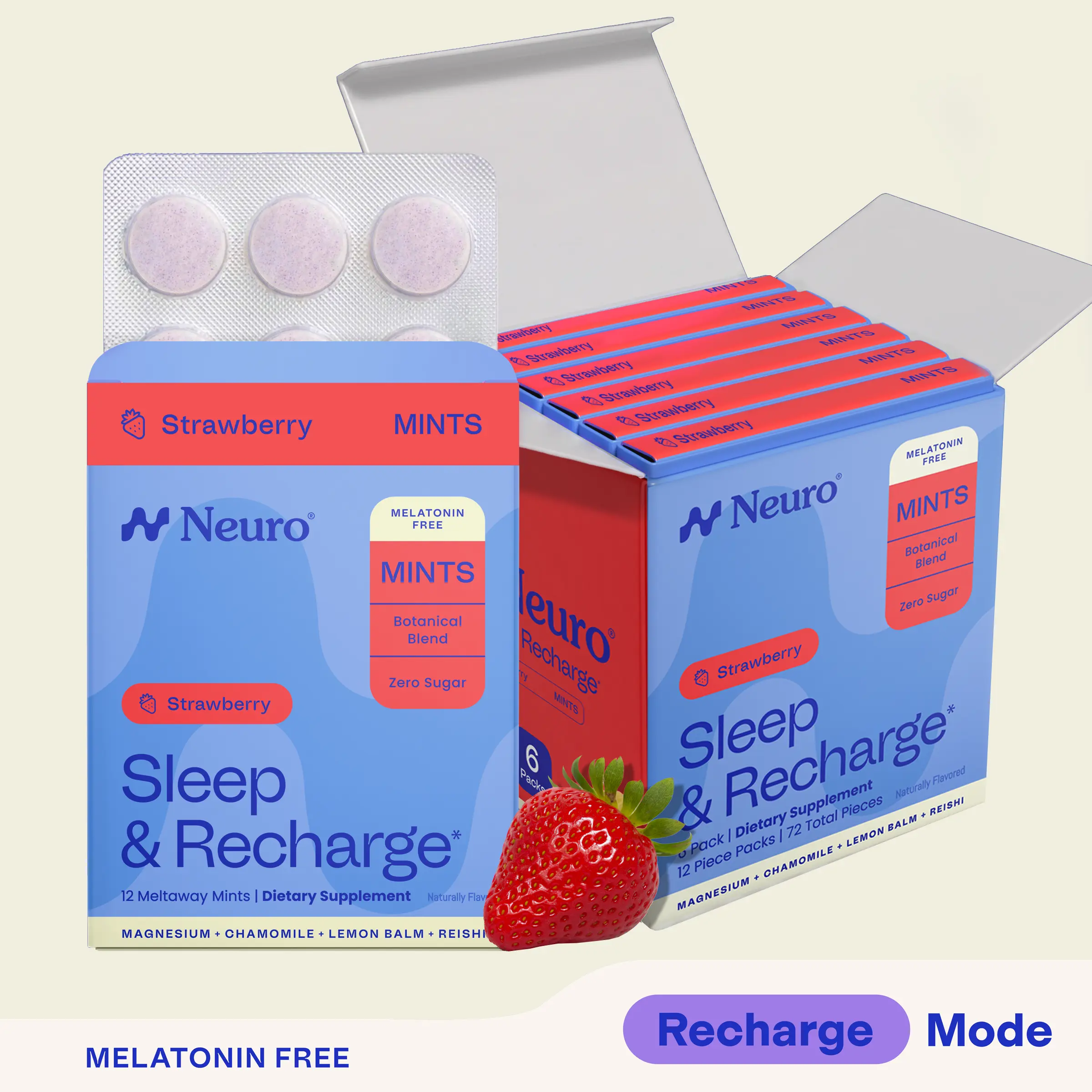 Neuro Melatonin-Free Sleep Mints (72 Pieces) – Fast Dissolve Sugar Free Sleep & Recharge Meltaway Mints with Magnesium, Lemon Balm, Chamomile & Reishi – Strawberry Flavor