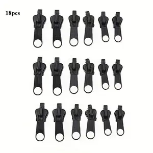 18-pieces zipper repair tool kit, featuring replacement zipper heads that can be detached and reused. Available in 3 sizes in black. Suitable for various repair scenarios with clothing and luggage. Reusable Durable Zipper