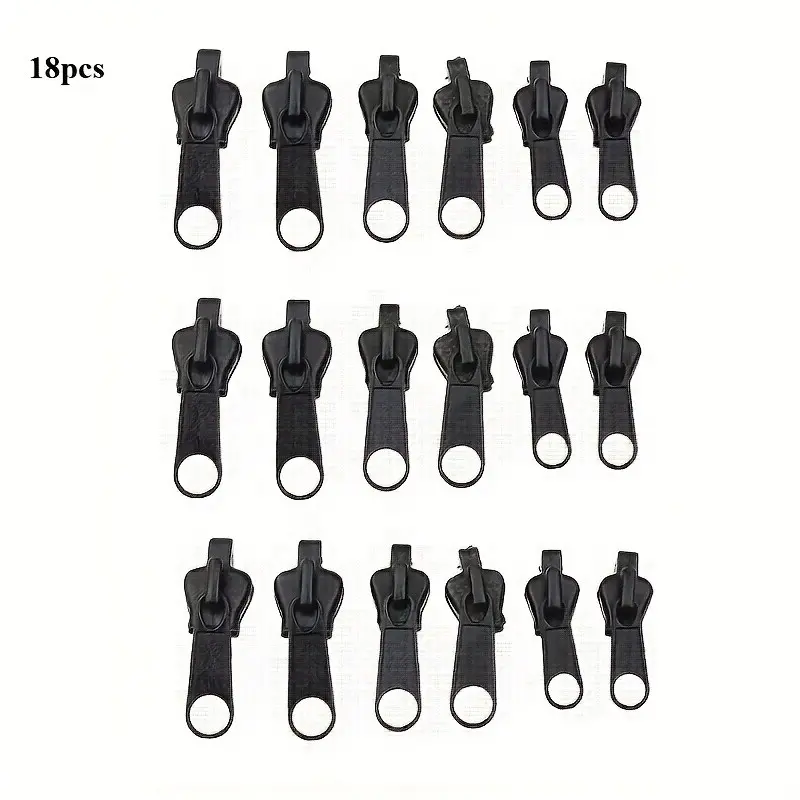 18-pieces zipper repair tool kit, featuring Detachable and Reusable replacement zipper heads that can be detached and reused. Available in 3 sizes in black. Suitable for various repair scenarios with clothing and luggage. Accessories