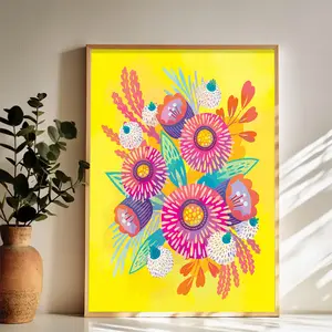 Bright and Cheerful Floral Design Wall Art Vintage Black and White Art Posters Funky Aesthetic Canvas Prints Retro Bar Cart Decor for Bar Bedroom