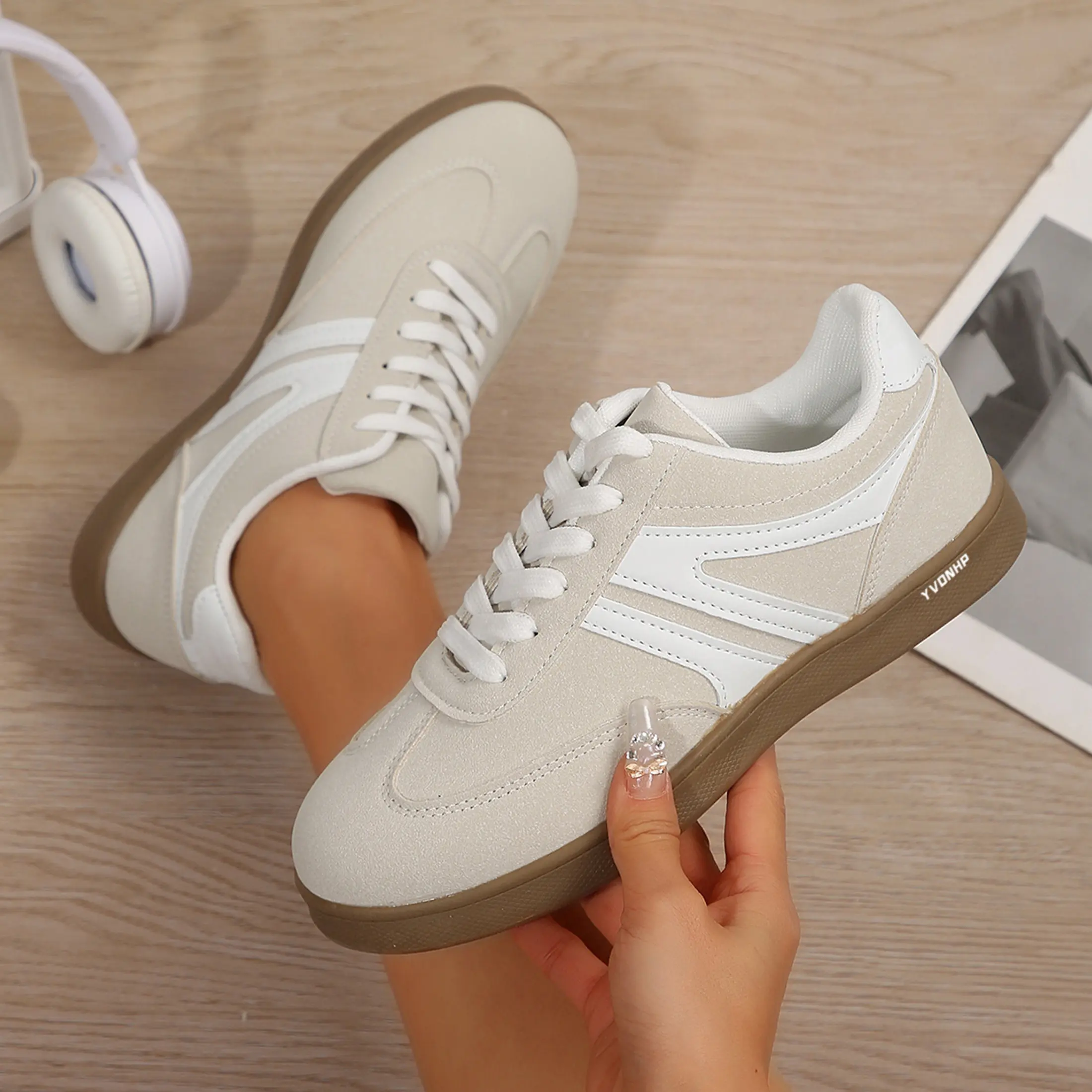 Women's Casual Flat Sneakers Breathable Stripe Color Blocking Low-Top Skate Shoes Springfresh