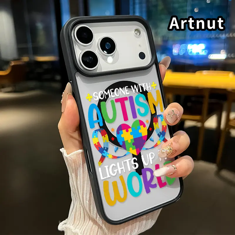 Clear Magnetic Phone Case for iPhone 17 Pro Max 16 Plus 15 14 13 12 11 Air E Autism Heart Puzzle Pattern Acrylic Hard Back Soft Silicone Edge Bumper Sockproof Cover for boy girl