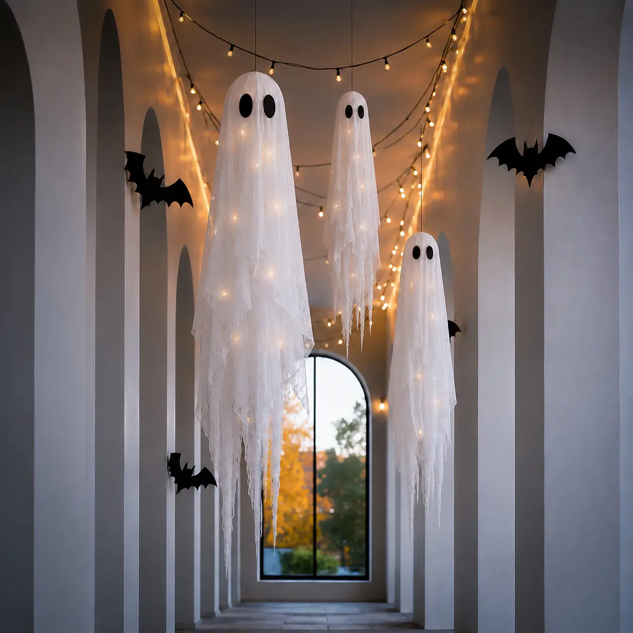 Spooky Artificial Hanging Ghosts, 3-Pack 60/48-In Light-Up Halloween Outdoor Party Decorations with Remote-Controlled LED Like Glow String Lights, Porch Yard Party Lighting Decoration, Halloween Things, Ghost Decor