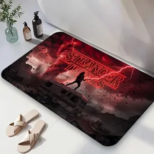 1PC,2D Stranger Things Themed Diatomaceous Earth Doormat Hawkins Town Style Bathroom Anti-Slip Mat Retro Camper Van and Lightning Pattern Absorbent Floor Mat Multi-Purpose Decorative Rug for Bedroom L
