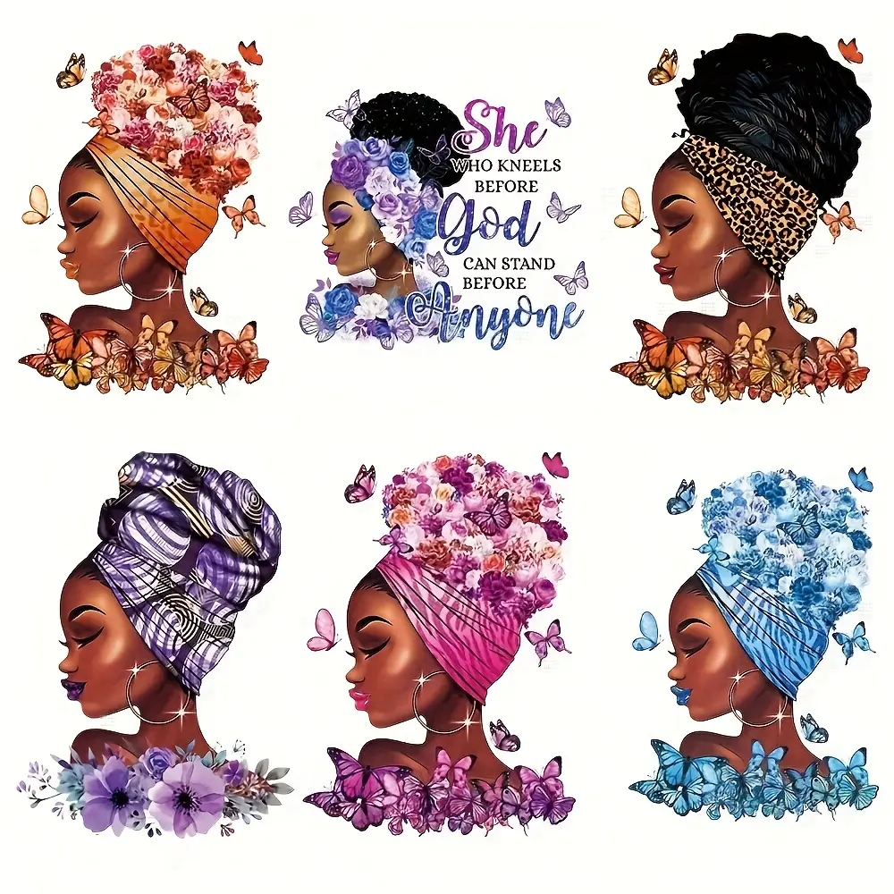 6-Piece African Theme Vinyl Patch Set, Multicolor Washable DIY Customization Heat Transfer Patches for Clothing & Backpacks, Floral Butterfly Designs, Unique Patterns