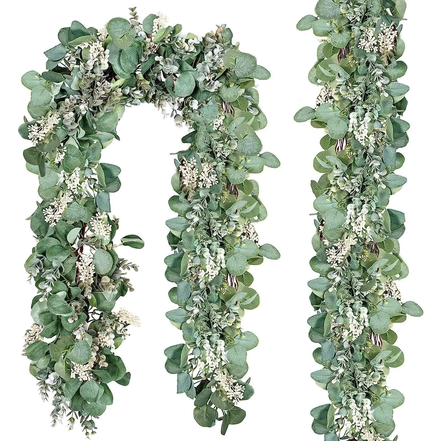2 Pack Eucalyptus Total 13.1 Ft Lush Silver Dollar Leaves Boxwood with White Buds Artificial Faux Greenery Vines for Baby Shower Wedding Room Home Mantle