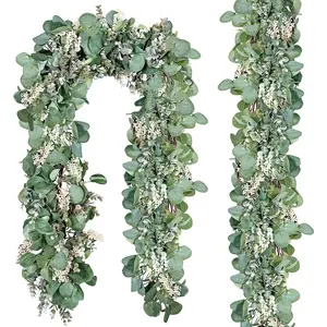 2 Pack Eucalyptus Total 13.1 Ft Lush Silver Dollar Leaves Boxwood with White Buds Artificial Faux Greenery Vines for Baby Shower Wedding Room Home Mantle