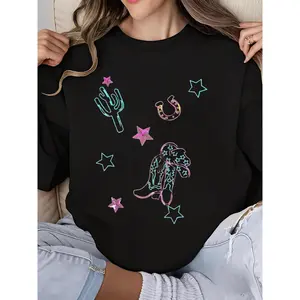 Boho Western Cowgirl Sweatshirt for Women: Sequin Rodeo Graphic Crew Neck Long Sleeve Country Music Top