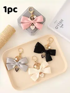Elegant Satin Bow Bag Charm, Style Heart Pearl Keychain, Multi-Color, Perfect for Bags, Keys, Phones, Graduation, Mother's Day Gift, Trendy Bag Charms