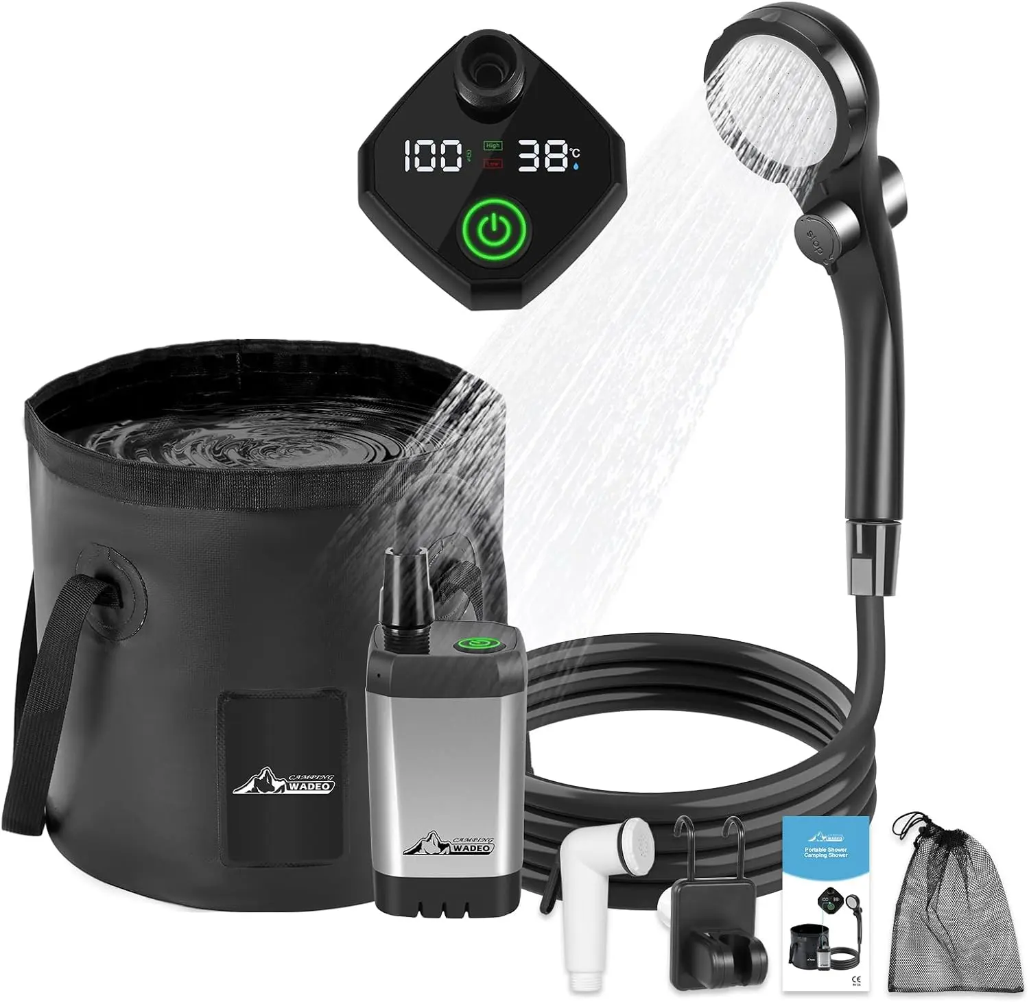 WADEO Portable Shower for Camping, Outdoor Electric Shower Rechargeable Pump with Intelligent Digital Display, 20L Collapsible Bucket, Two Shower Heads for Camping, Hiking, Traveling, Washing