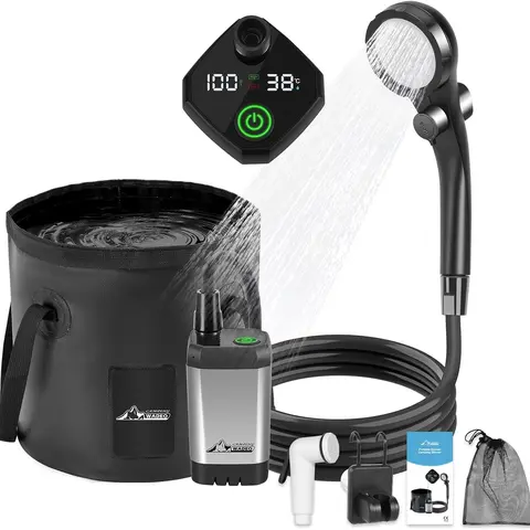 WADEO Portable Camping Shower - 4500mAh Rechargeable Electric Pump with Intelligent Digital Display, 20L ABS Collapsible Bucket Mount, 2 Shower Heads with 3 Different Modes, Hose, Charging Cable, Camping/Travel Accessory for Outdoor Bathing