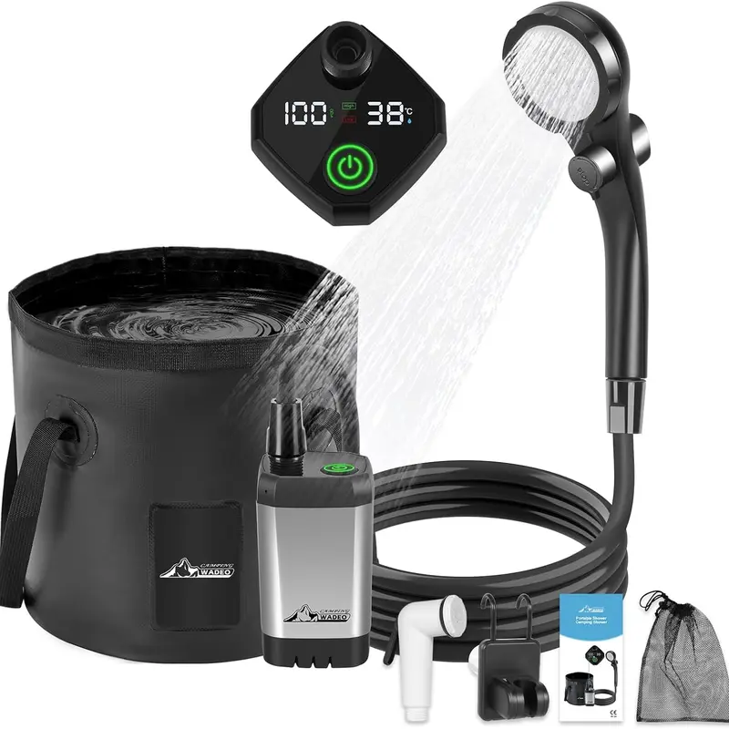WADEO Portable Camping Shower - 4500mAh Rechargeable Electric Pump with Intelligent Digital Display, 20L ABS Collapsible Bucket Mount, 2 Shower Heads with 3 Different Modes, Hose, Charging Cable, Camping/Travel Accessory for Outdoor Bathing