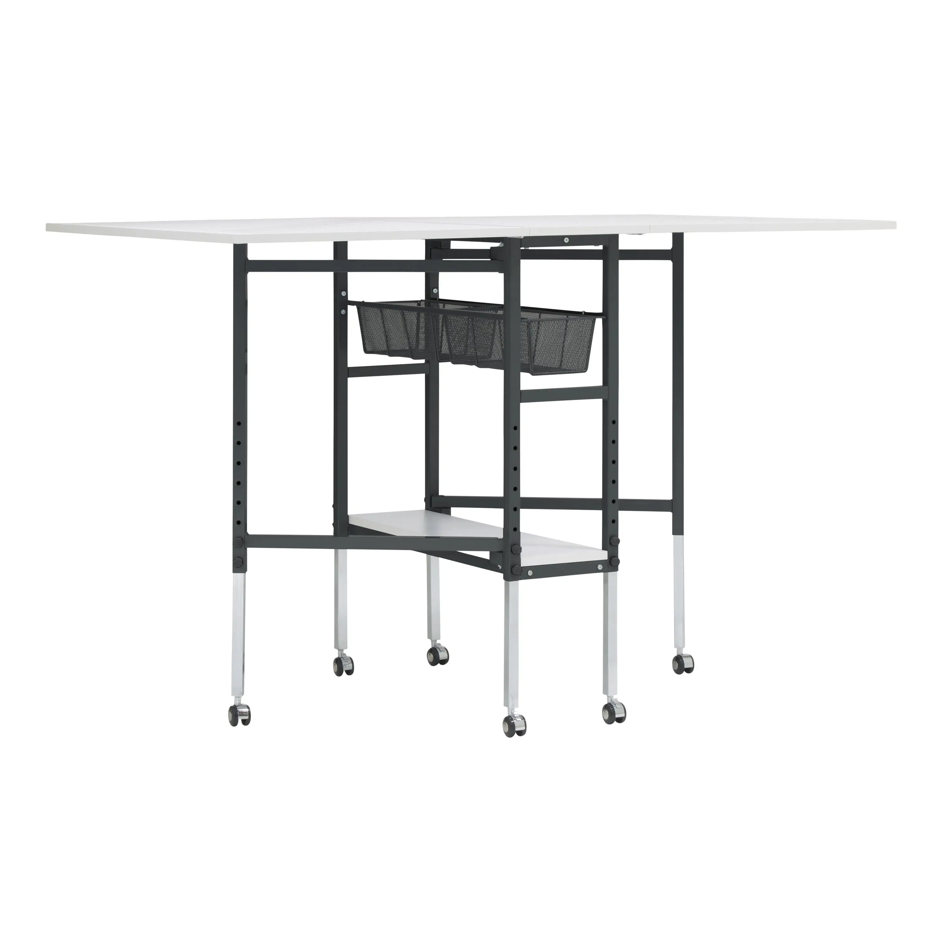 Cutting Table with Sewing Board Grid & Guides Top Mobile, Folding, Height Adjustable with Storage, Charcoal / White 13385