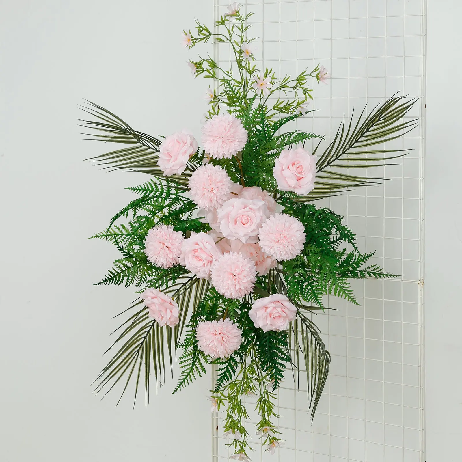 Blush Pink Silk Artificial Flower Arrangement Decor - Hanging Floral Piece with Roses, Chrysanthemums, Greenery, Palm Leaves, Wall-Mounted Option for Wedding Backdrop Arches, Table Centerpieces, Secure Packaging