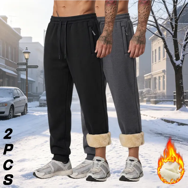 Men’s 2-pack fleece jogger sweatpants, minimalist style, thick, soft and fluffy with a skin-friendly lining, adjustable design, zippered pockets — suitable for autumn/winter at home, casual outings, and as warm snow pants for hiking. Menswear Stylish back