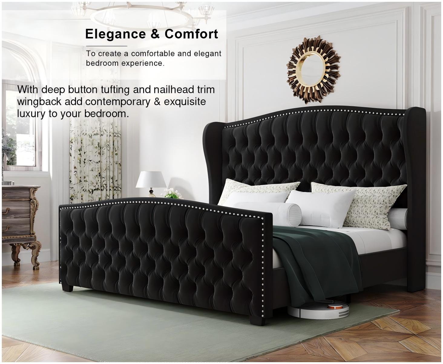 AMERLIFE Modern Bed Frame with Wingback Headboard, Velvet Upholstered Bed Frame with Handmade Button Tufted & Nailhead, Wooden Slats Support/Luxury Bedroom Furniture/Queen/King/California King Size/Best Gift Ideas/Christmas Gifts