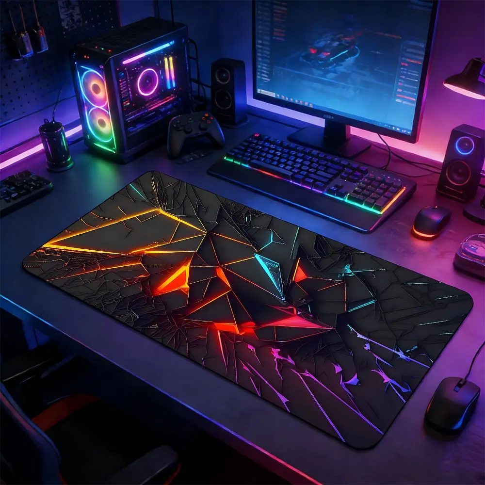 Neon Geometric Crack Large Gaming Mouse Pad, Non-Slip Rubber Base Stitched Lock Edge Desk Mat, Gaming Deskmat, Durable Computer Accessory for Home Office & Gaming Setup, Gift for Gamer Family and Friends