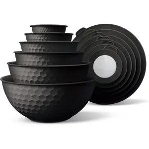 Mixing Bowls with Lids - 12 Piece Plastic Nesting Bowls Set includes 6 Prep Bowls and 6 Lids, Microwave Safe Mixing Bowl Set, Black Embossed