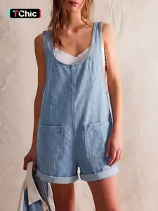 GILIPUR Women's Light Blue Washed Denim Short Overalls, Loose Fit Adjustable Sleeveless Square Neck Romper with Front Pockets, Casual Vintage Streetwear Womenswear Summer Beach Vacation Daily Commute Outfits for Women TChic