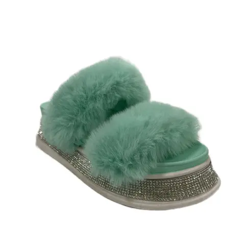 Women's Stylish Open-Toe Platform Heels Slide Footwear - Faux Fur Texture, Double Strap, Striped Rhinestone Accents, Rubber Sole, Summer Casual Wedge Sandals