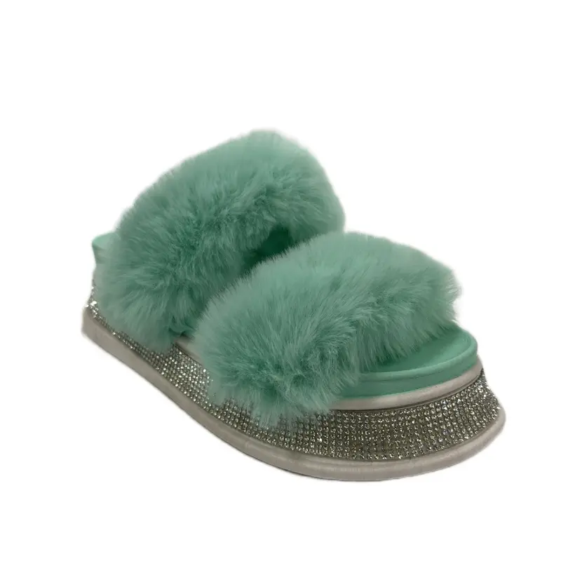 Women's Stylish Open-Toe Platform Heels Slide Footwear - Faux Fur Texture, Double Strap, Striped Rhinestone Accents, Rubber Sole, Summer Casual Wedge Sandals