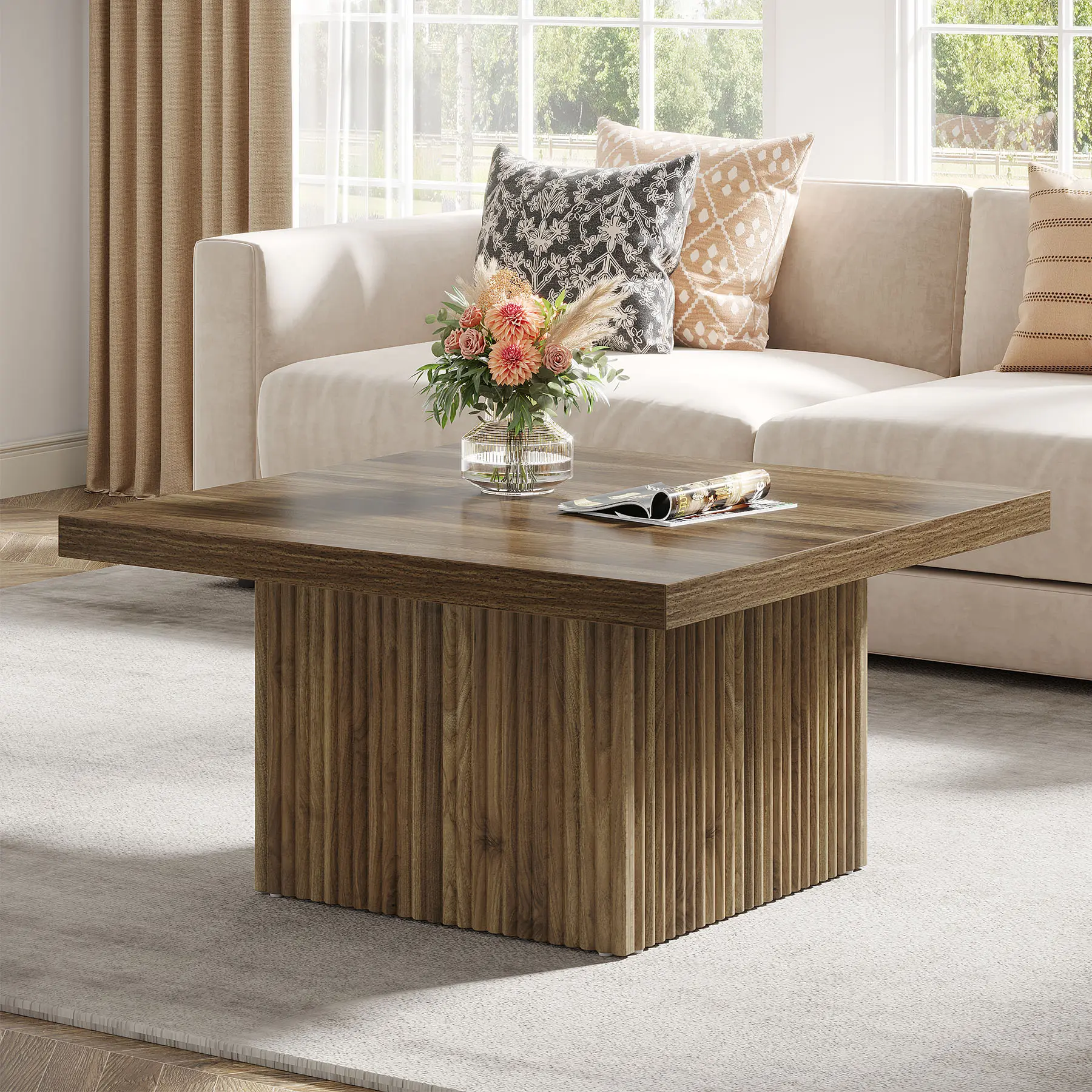 LITTLE TREE Square Coffee Table, 31.5-Inch Engineered Wood Coffee Table for Living Room, Vintage Center Table, Large Mid-Century Modern Cocktail Table, Brown