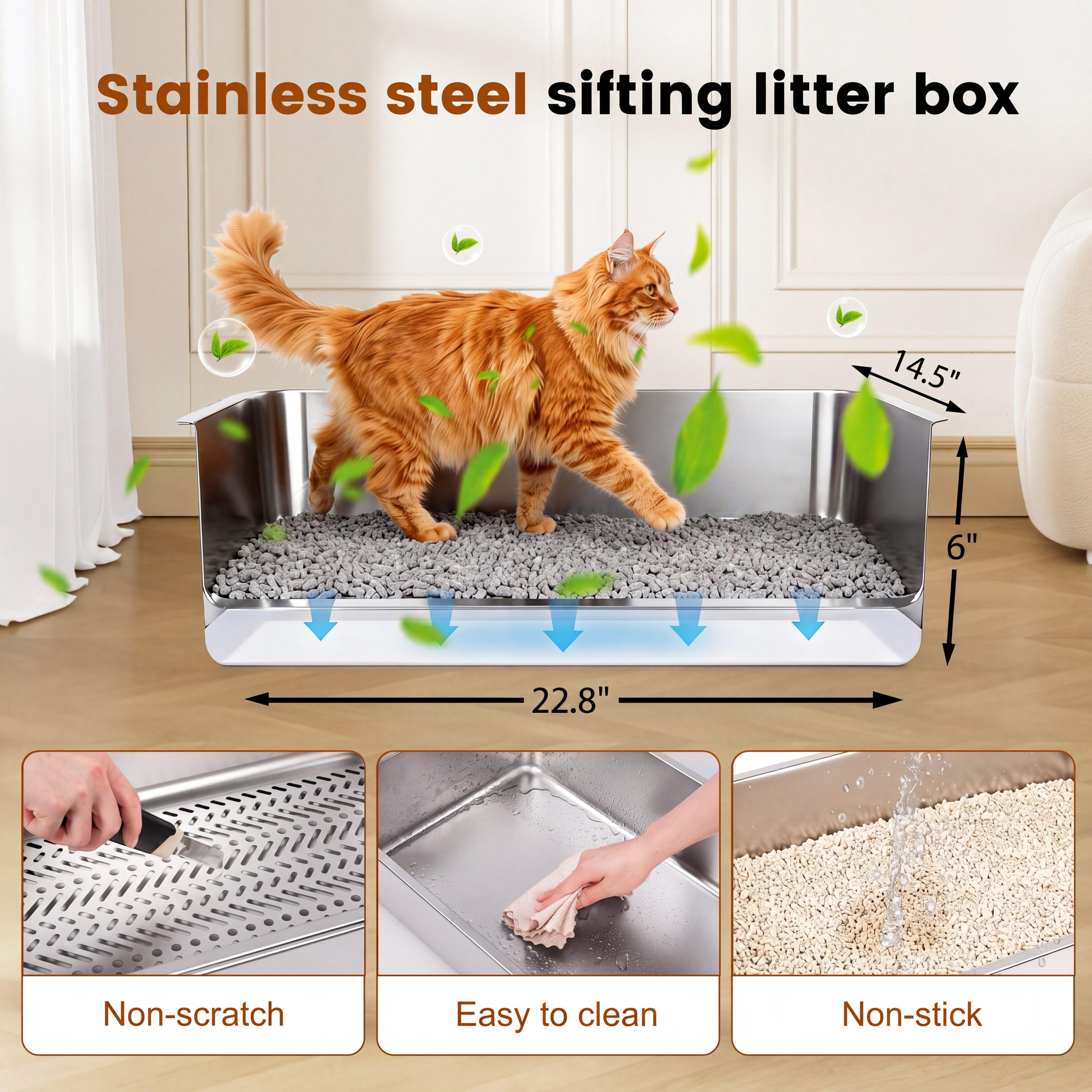 Topyangs  XL Sifting Litter Box ,Stainless Steel Sifting Box, Easy to Clean Catbox with High Sides,  ,Litterbox
